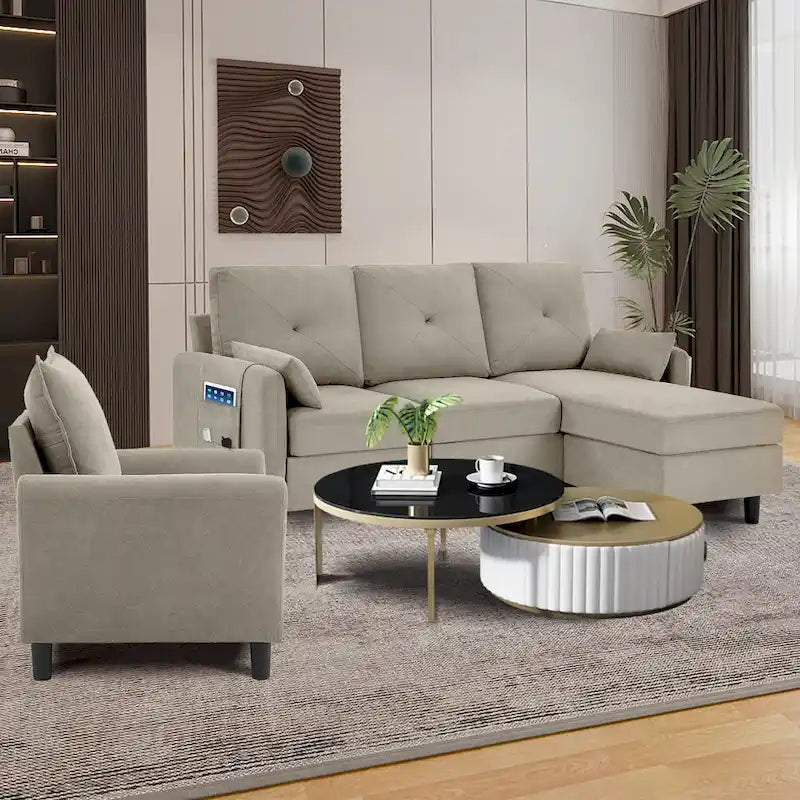 Set Divano Sezionale a 3 Pezzi con Pouf e Poltrona