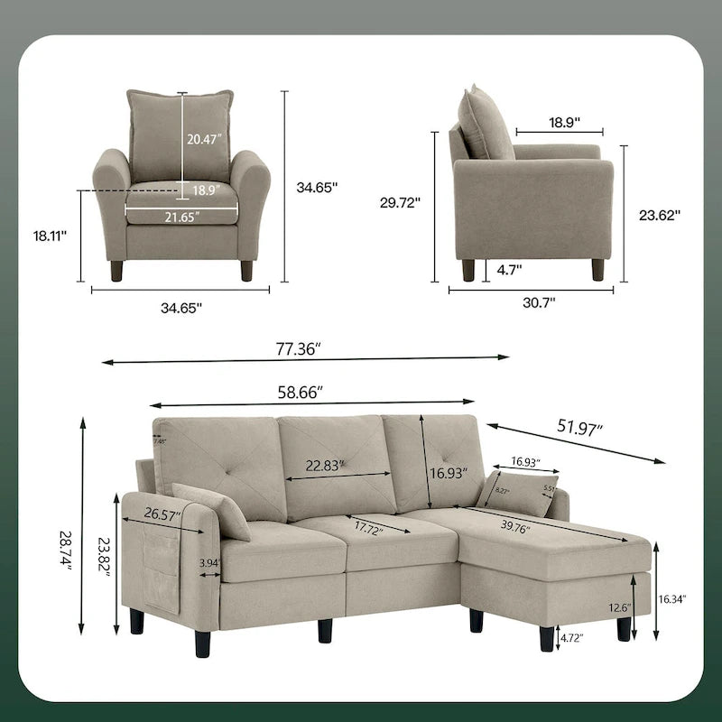 Set Divano Sezionale a 3 Pezzi con Pouf e Poltrona