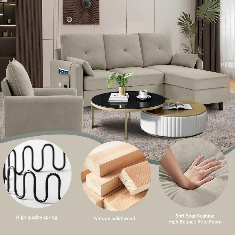 Set Divano Sezionale a 3 Pezzi con Pouf e Poltrona