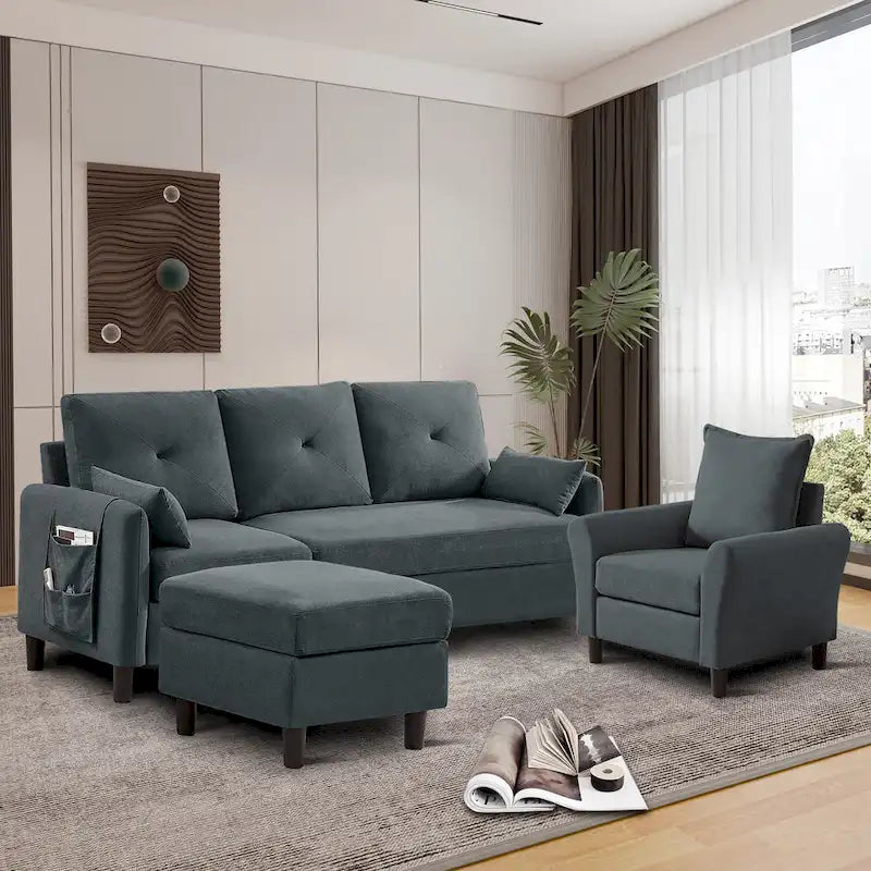 Set Divano Sezionale a 3 Pezzi con Pouf e Poltrona