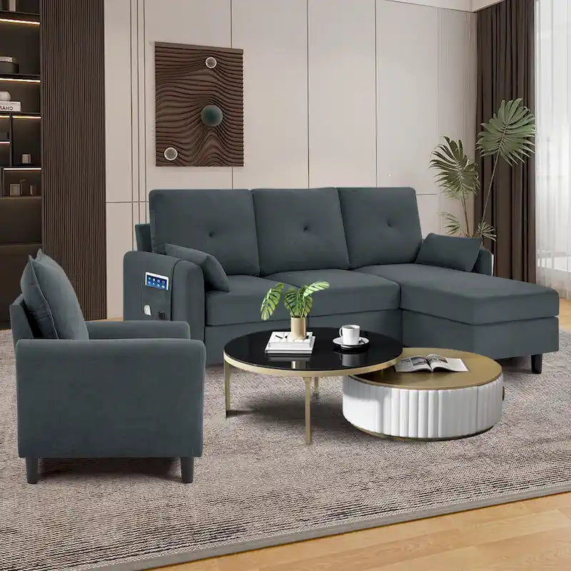 Set Divano Sezionale a 3 Pezzi con Pouf e Poltrona