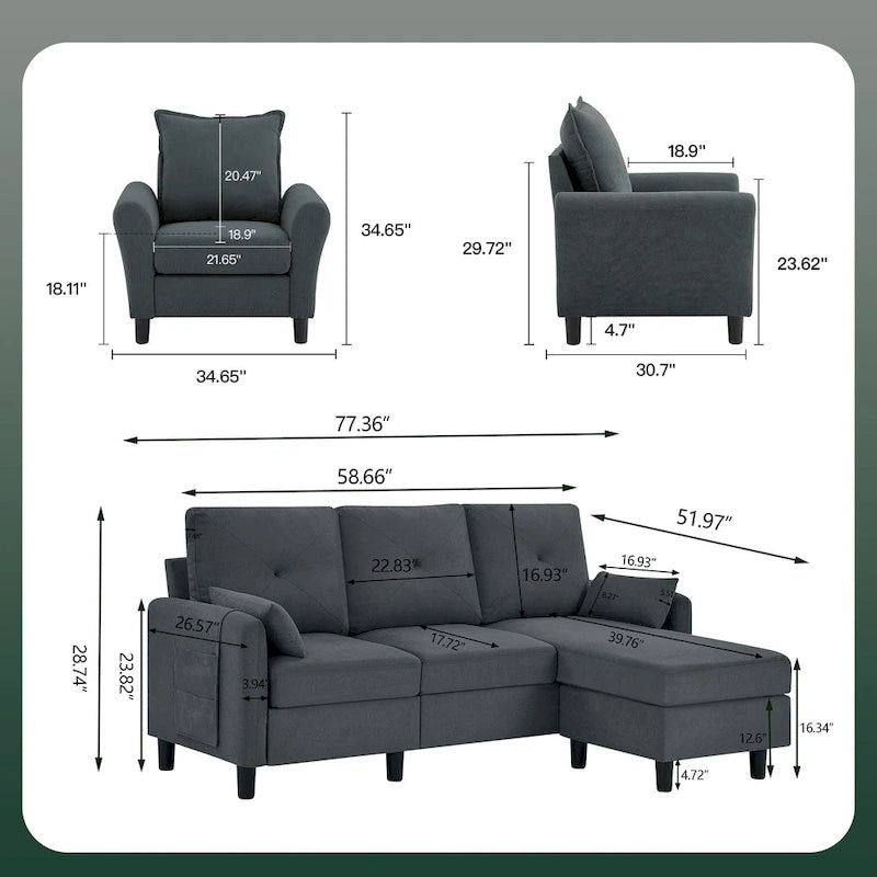 Set Divano Sezionale a 3 Pezzi con Pouf e Poltrona