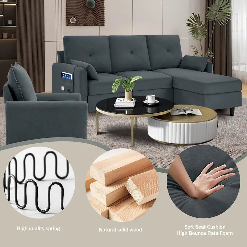 Set Divano Sezionale a 3 Pezzi con Pouf e Poltrona