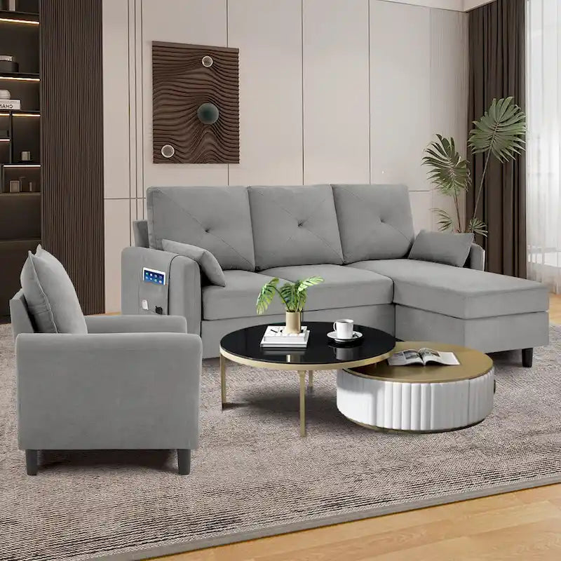 Set Divano Sezionale a 3 Pezzi con Pouf e Poltrona