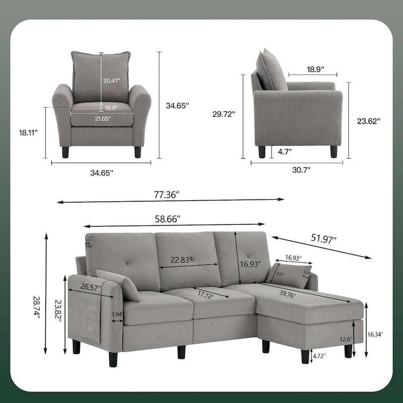 Set Divano Sezionale a 3 Pezzi con Pouf e Poltrona