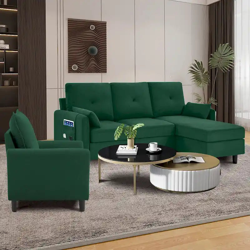 Set Divano Sezionale a 3 Pezzi con Pouf e Poltrona