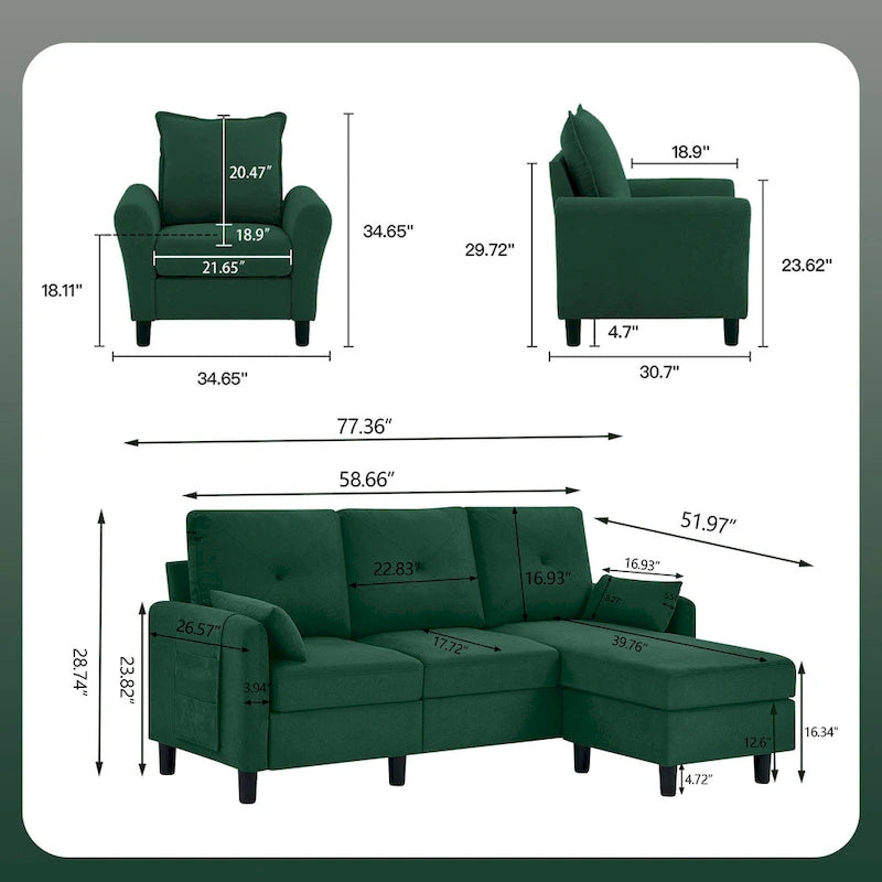 Set Divano Sezionale a 3 Pezzi con Pouf e Poltrona