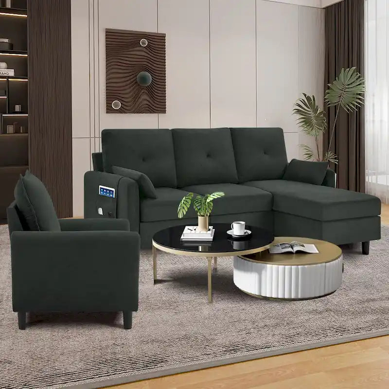 Set Divano Sezionale a 3 Pezzi con Pouf e Poltrona