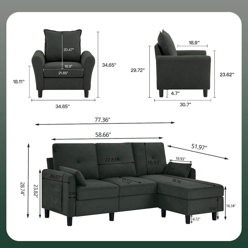 Set Divano Sezionale a 3 Pezzi con Pouf e Poltrona