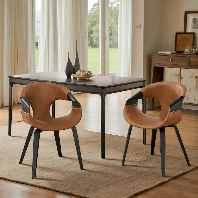 Sedia da pranzo Art Leon Mid-century Modern in similpelle e legno curvato