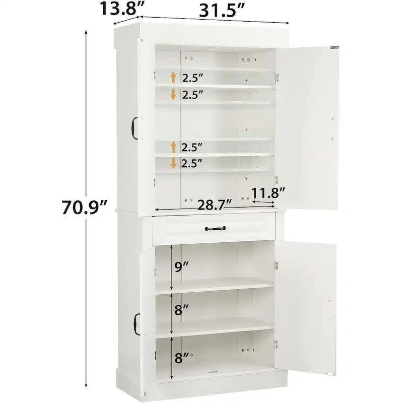 EROMMY Dispensa da cucina indipendente da 71, mobile alto con cassetto e ripiani regolabili, armadietto a 2 ante