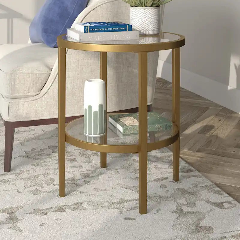 Table d'appoint ronde Hera de 19,63 po de largeur avec étagère en verre transparent