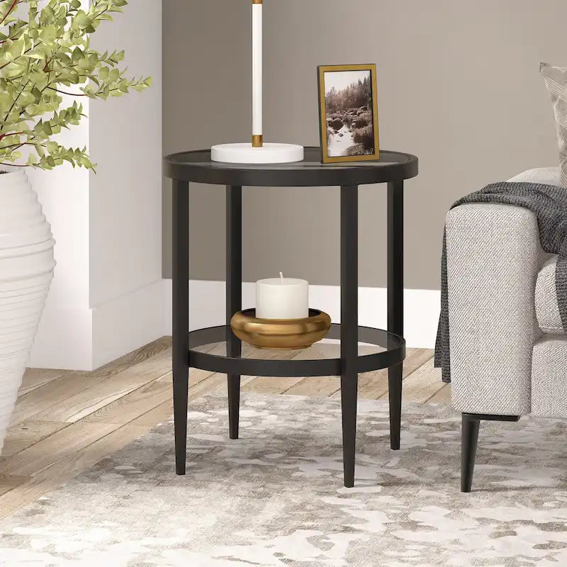 Table d'appoint ronde Hera de 19,63 po de largeur avec étagère en verre transparent