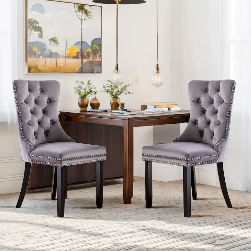 Dining Chairs Set of 2, Upholstered Accent Chair Button Tufted Armless Chair with Back Ring Pull and Nailhead Trim