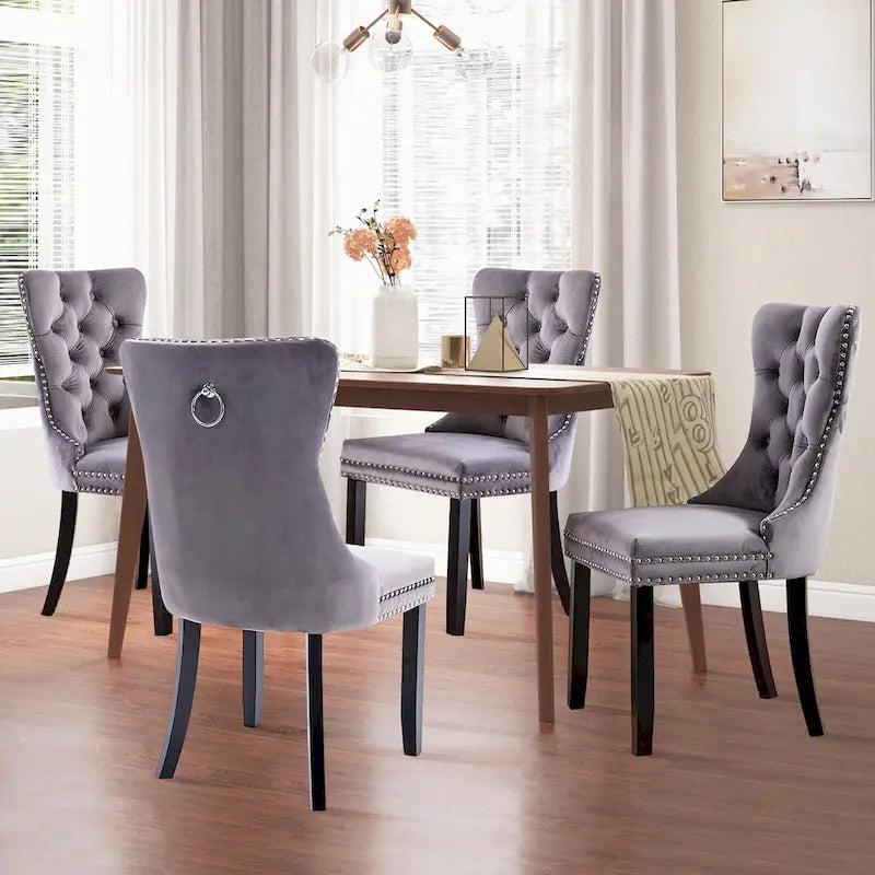 Ensemble de 2 chaises de salle à manger, chaise d'appoint rembourrée sans accoudoirs avec dossier capitonné, anneau de tirage et clous décoratifs