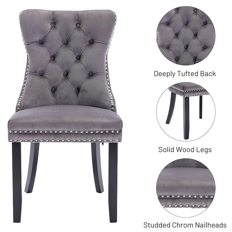 Ensemble de 2 chaises de salle à manger, chaise d'appoint rembourrée sans accoudoirs avec dossier capitonné, anneau de tirage et clous décoratifs