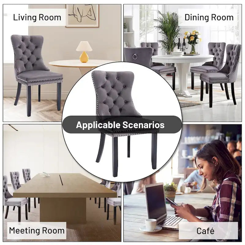 Ensemble de 2 chaises de salle à manger, chaise d'appoint rembourrée sans accoudoirs avec dossier capitonné, anneau de tirage et clous décoratifs