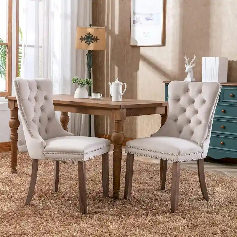 Ensemble de 2 chaises de salle à manger, chaise d'appoint rembourrée sans accoudoirs avec dossier capitonné, anneau de tirage et clous décoratifs