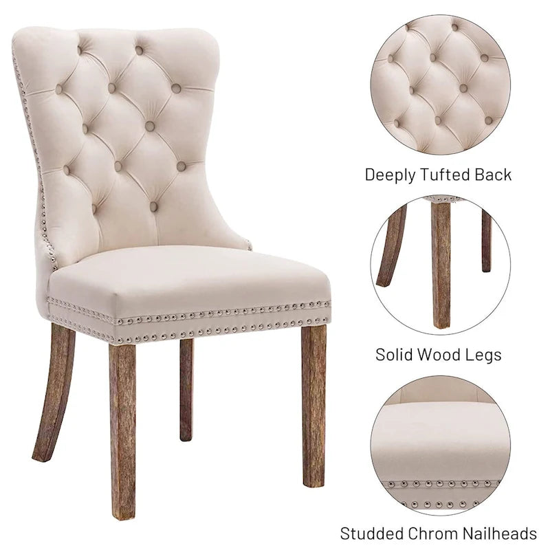 Ensemble de 2 chaises de salle à manger, chaise d'appoint rembourrée sans accoudoirs avec dossier capitonné, anneau de tirage et clous décoratifs