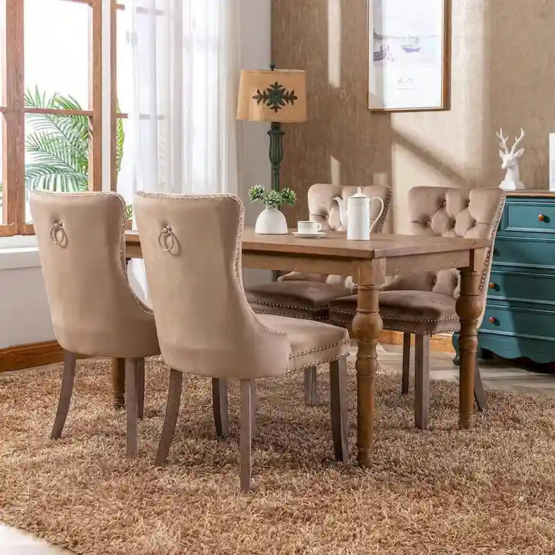 Ensemble de 2 chaises de salle à manger, chaise d'appoint rembourrée sans accoudoirs avec dossier capitonné, anneau de tirage et clous décoratifs