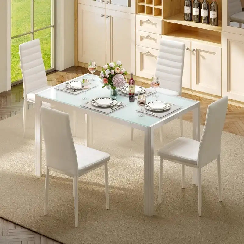 Set da pranzo in vetro da 5 pezzi, tavolo da pranzo moderno per 4 persone con sedie da cucina in pelle PU con schienale alto