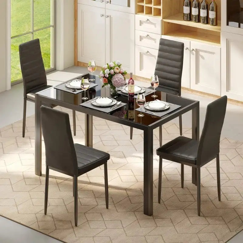 Set da pranzo in vetro da 5 pezzi, tavolo da pranzo moderno per 4 persone con sedie da cucina in pelle PU con schienale alto