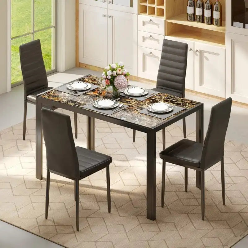 Set da pranzo in vetro da 5 pezzi, tavolo da pranzo moderno per 4 persone con sedie da cucina in pelle PU con schienale alto