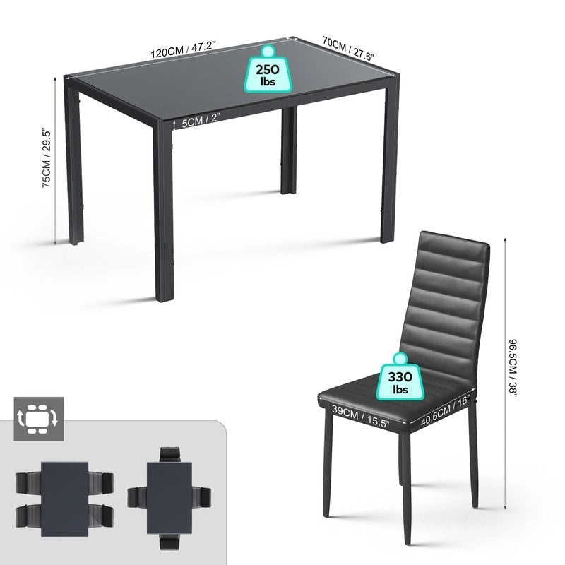 Set da pranzo in vetro da 5 pezzi, tavolo da pranzo moderno per 4 persone con sedie da cucina in pelle PU con schienale alto