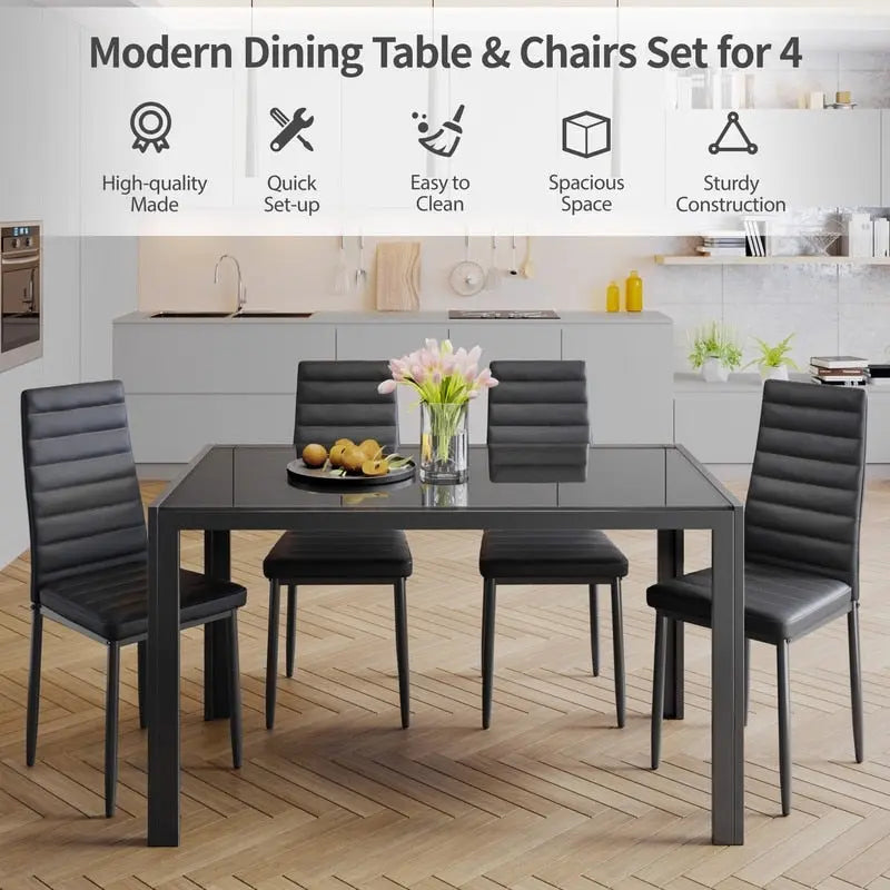 Set da pranzo in vetro da 5 pezzi, tavolo da pranzo moderno per 4 persone con sedie da cucina in pelle PU con schienale alto