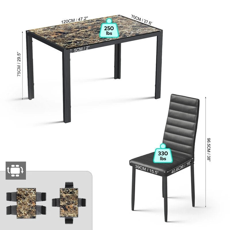 Set da pranzo in vetro da 5 pezzi, tavolo da pranzo moderno per 4 persone con sedie da cucina in pelle PU con schienale alto