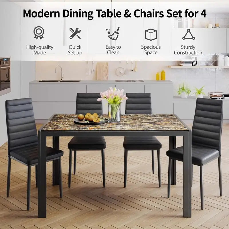 Set da pranzo in vetro da 5 pezzi, tavolo da pranzo moderno per 4 persone con sedie da cucina in pelle PU con schienale alto