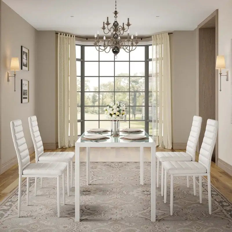 Set da pranzo in vetro da 5 pezzi, tavolo da pranzo moderno per 4 persone con sedie da cucina in pelle PU con schienale alto