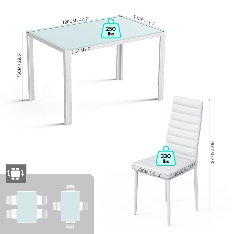 Set da pranzo in vetro da 5 pezzi, tavolo da pranzo moderno per 4 persone con sedie da cucina in pelle PU con schienale alto