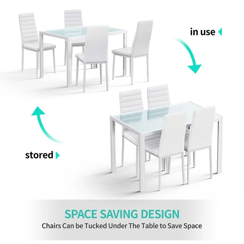 Set da pranzo in vetro da 5 pezzi, tavolo da pranzo moderno per 4 persone con sedie da cucina in pelle PU con schienale alto