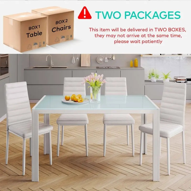 Set da pranzo in vetro da 5 pezzi, tavolo da pranzo moderno per 4 persone con sedie da cucina in pelle PU con schienale alto