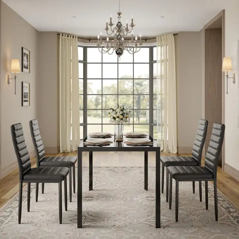 Set da pranzo in vetro da 5 pezzi, tavolo da pranzo moderno per 4 persone con sedie da cucina in pelle PU con schienale alto
