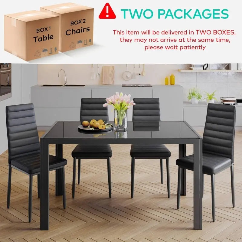 Set da pranzo in vetro da 5 pezzi, tavolo da pranzo moderno per 4 persone con sedie da cucina in pelle PU con schienale alto