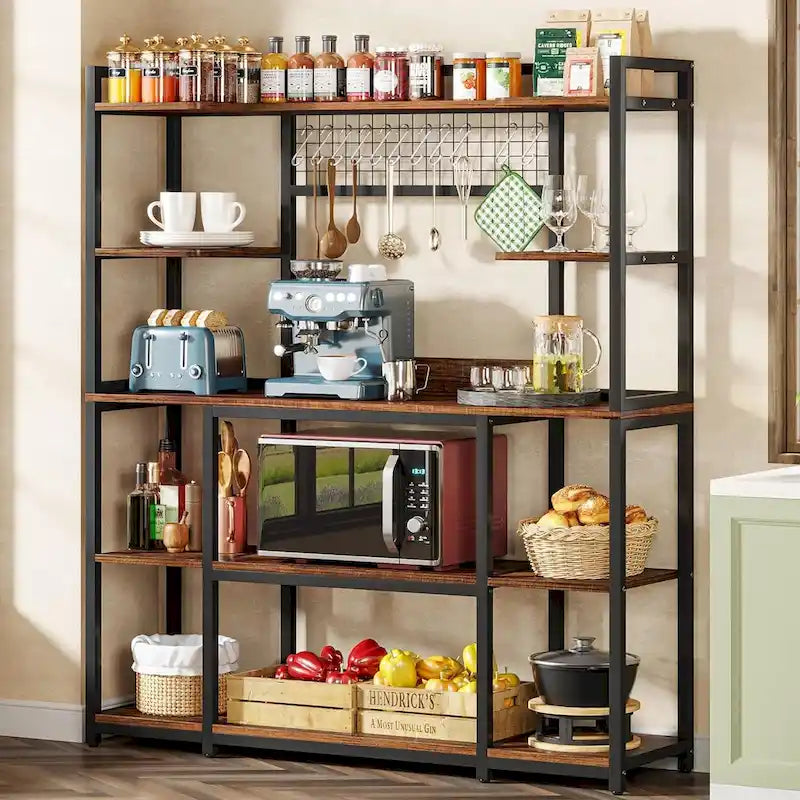Credenza da Cucina Larga 55" con Supporto per Microonde e 11 Ganci