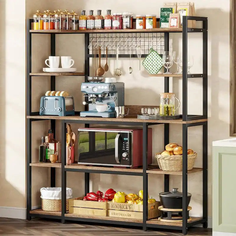 55 Wide Kitchen Hutch Cabinet Microwave Stand with 11 Hooks