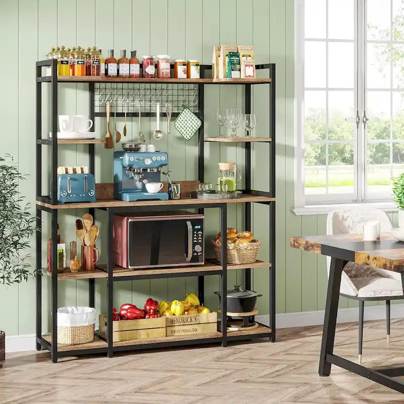 Credenza da Cucina Larga 55" con Supporto per Microonde e 11 Ganci