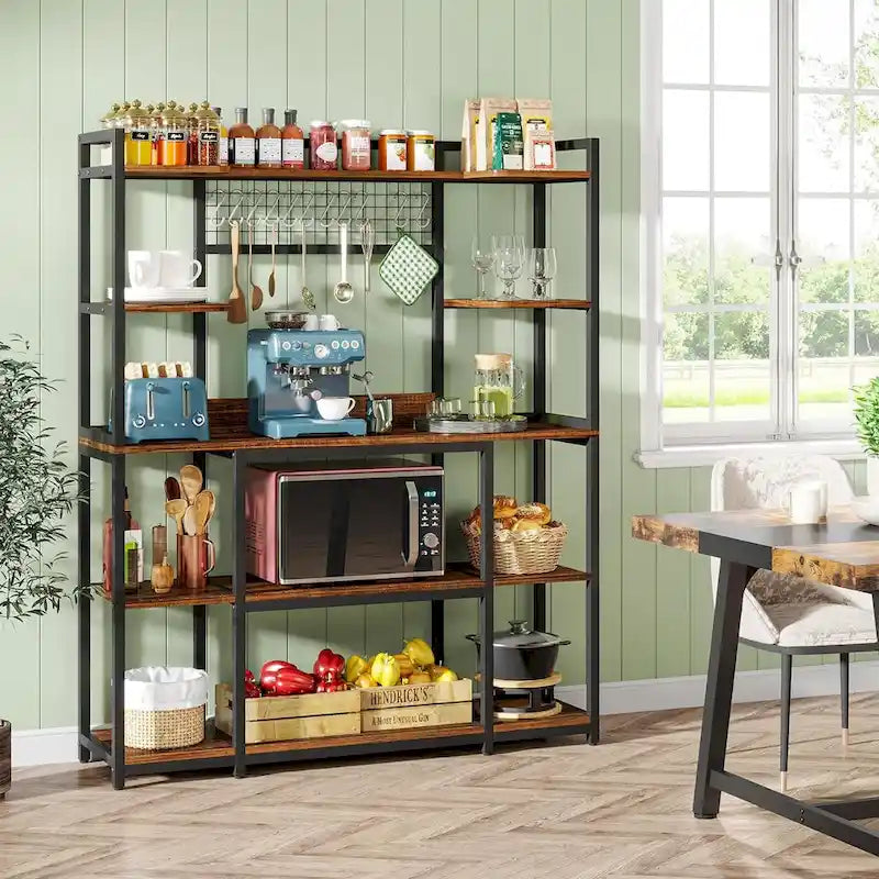 Credenza da Cucina Larga 55" con Supporto per Microonde e 11 Ganci