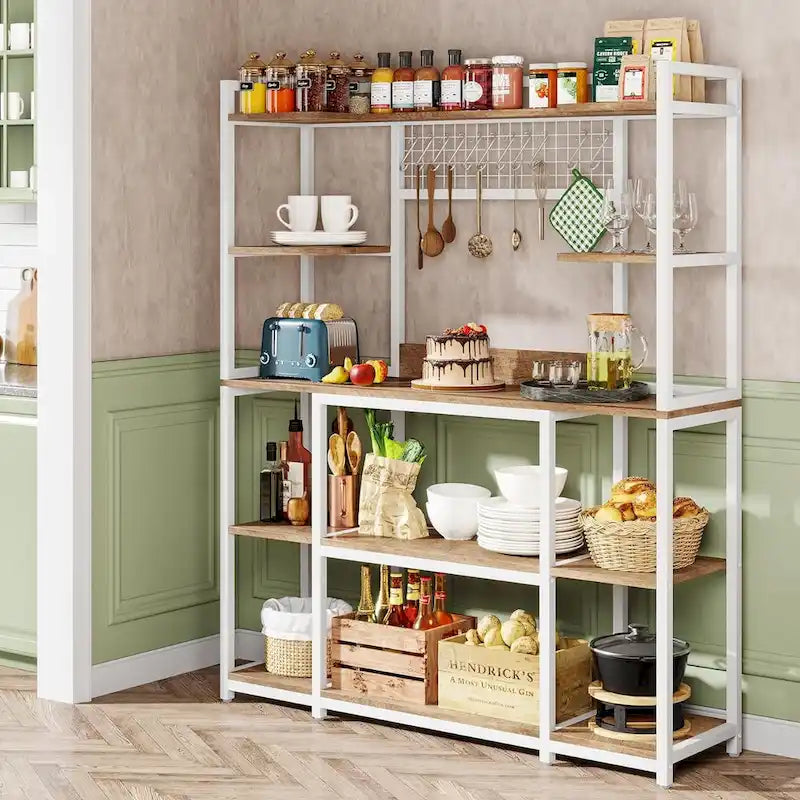 Credenza da Cucina Larga 55" con Supporto per Microonde e 11 Ganci
