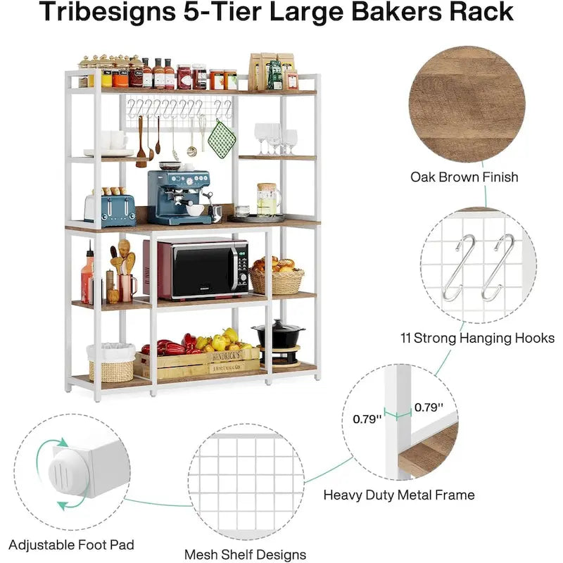 Credenza da Cucina Larga 55" con Supporto per Microonde e 11 Ganci