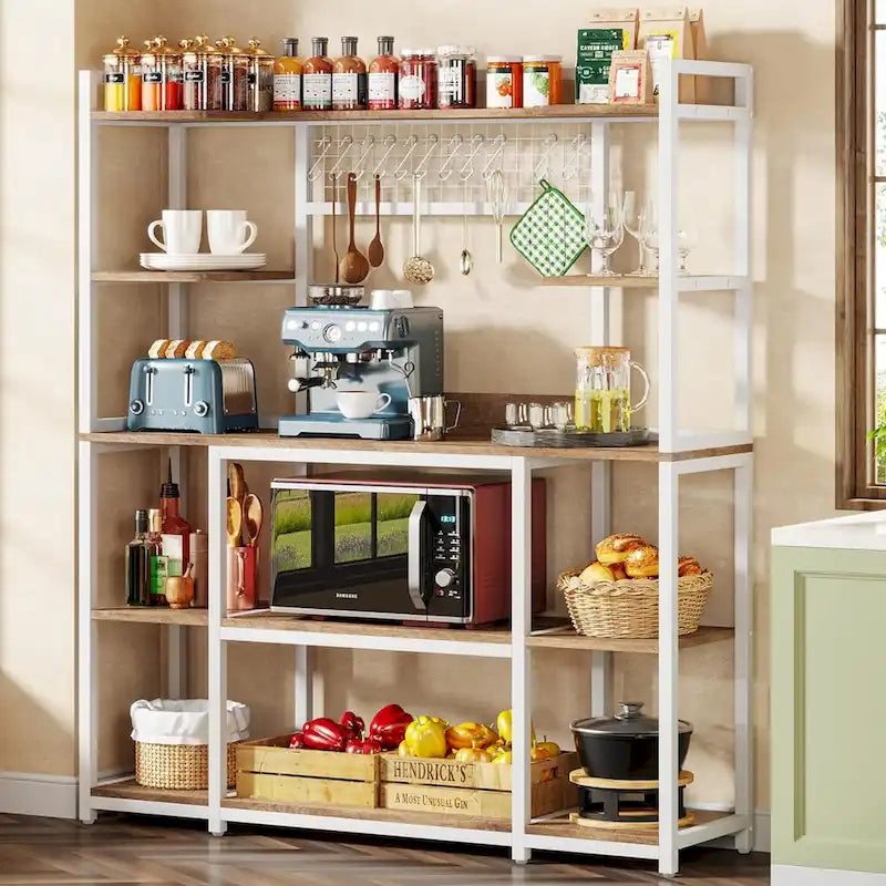 Credenza da Cucina Larga 55" con Supporto per Microonde e 11 Ganci