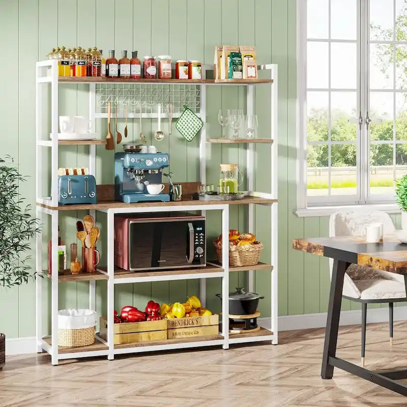 Credenza da Cucina Larga 55" con Supporto per Microonde e 11 Ganci