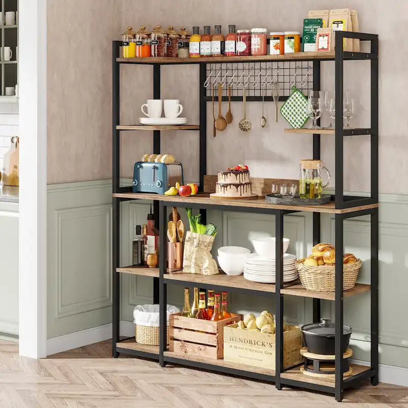 Credenza da Cucina Larga 55" con Supporto per Microonde e 11 Ganci