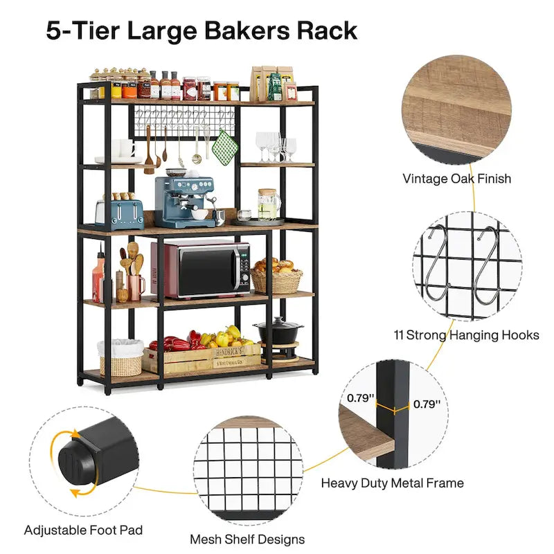 Credenza da Cucina Larga 55" con Supporto per Microonde e 11 Ganci