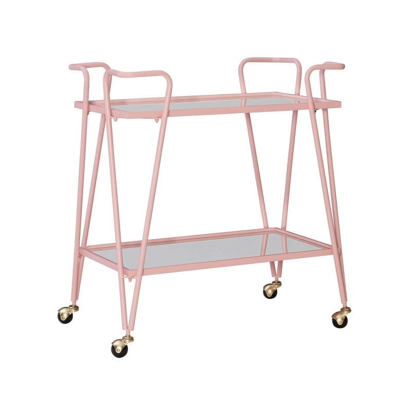 Carrello da bar Rosa Mid-Century a 2 ripiani in metallo con ruote