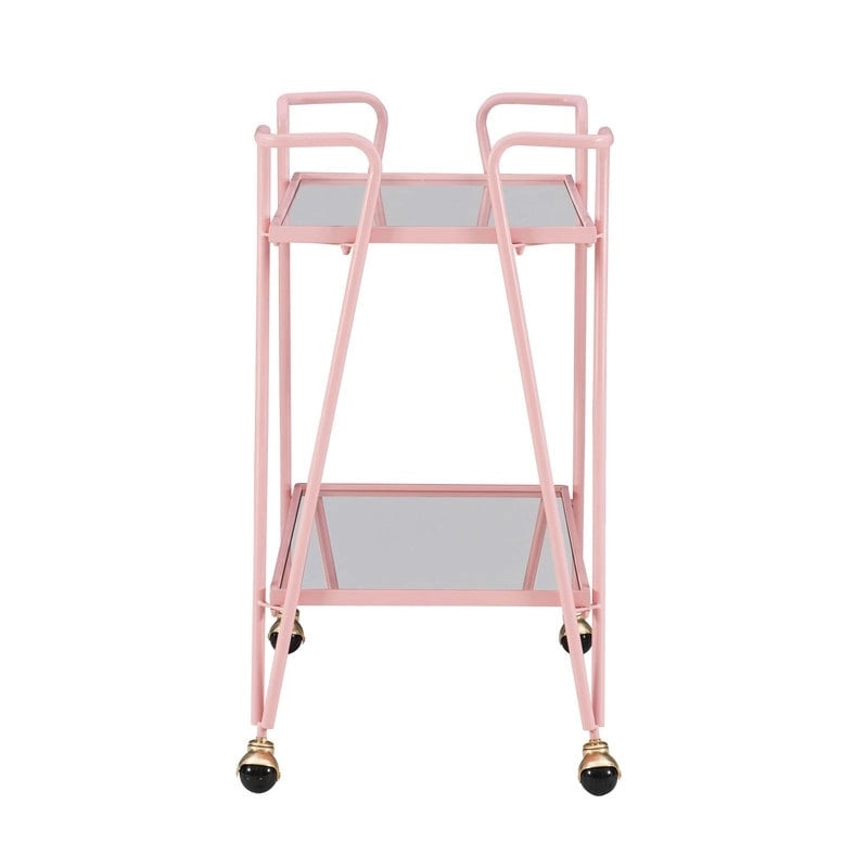 Carrello da bar Rosa Mid-Century a 2 ripiani in metallo con ruote