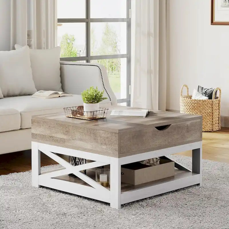Tavolino quadrato con ripiano elevabile, contenitore e mensola Moasis Farmhouse